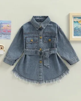 1 6y Ragazze Denim Dress Blu Tinta Unita Manica Lunga Monopetto A Line Dress E Cintura Outfit Bambini Autunno Casual