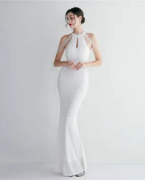 19670new Sequin Craft Beaded Banquet Evening Dress Temperament Elegant Long Halting Neck Slim Mermaid Dress