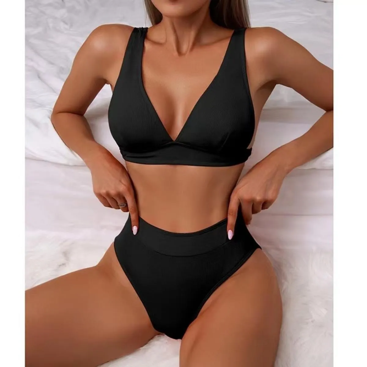 2022 nuovo scollo a V a coste bikini a vita alta costume da bagno donna push up solido costume da bagno femminile costume da bag