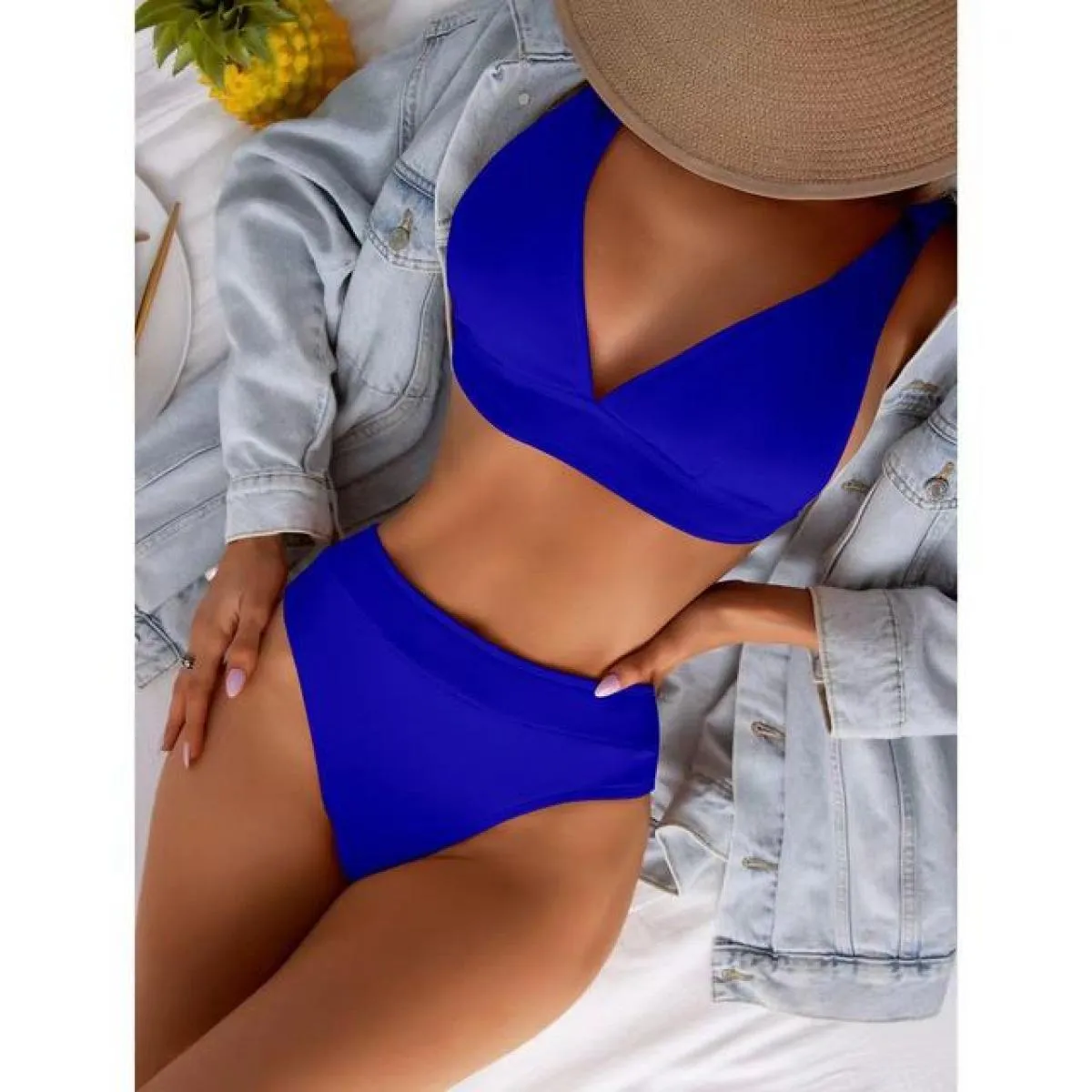 2022 nuovo scollo a V a coste bikini a vita alta costume da bagno donna push up solido costume da bagno femminile costume da bag