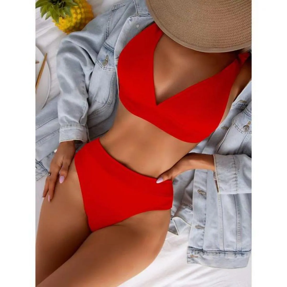 2022 nuovo scollo a V a coste bikini a vita alta costume da bagno donna push up solido costume da bagno femminile costume da bag