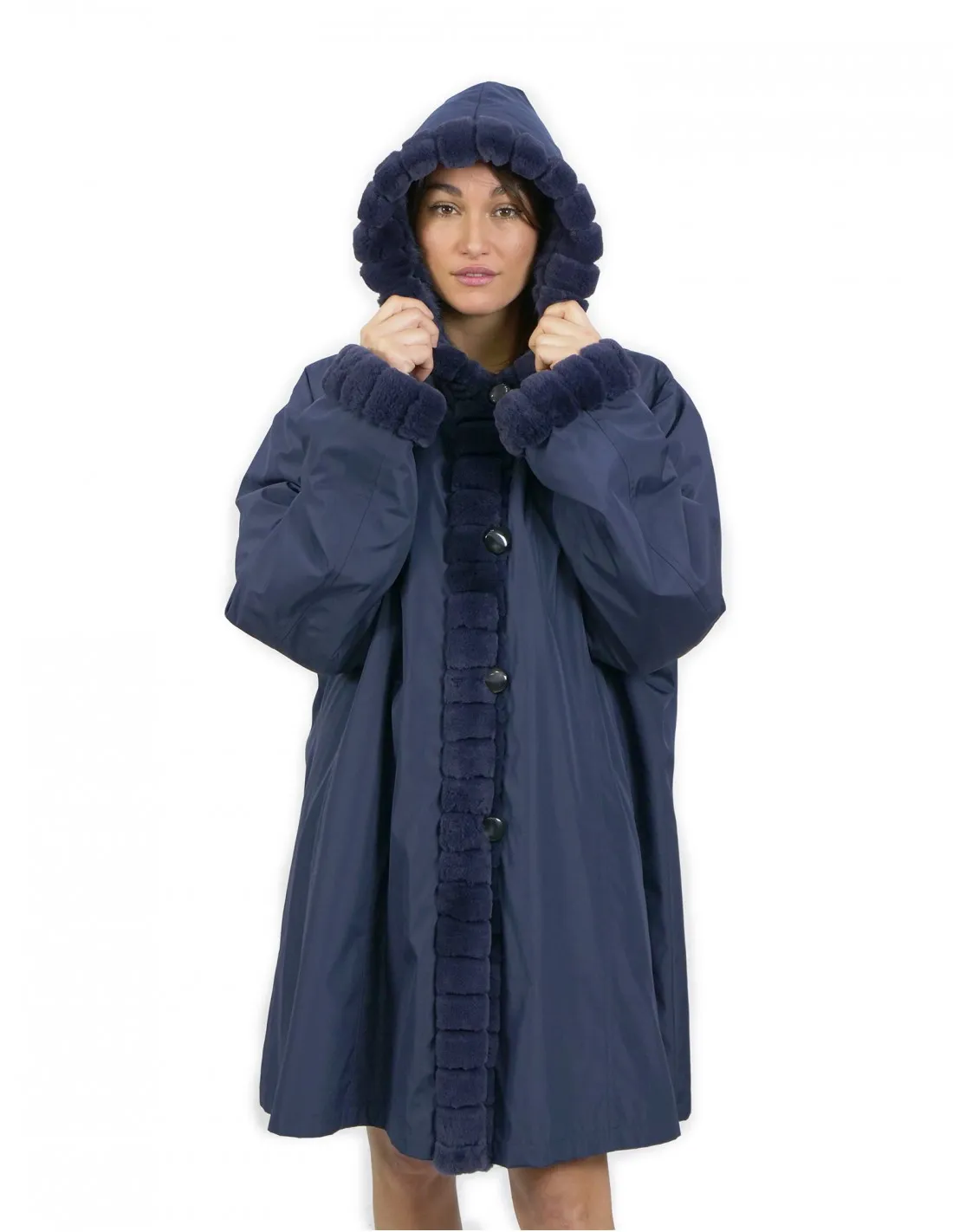 52 Pelliccia Rex cappotto reversibile lato piumino e lato pelliccia colore blu con cappuccio 