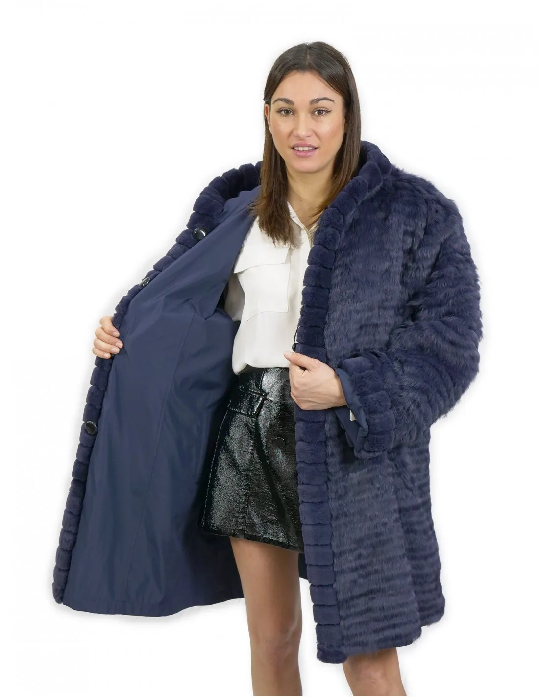 52 Pelliccia Rex cappotto reversibile lato piumino e lato pelliccia colore blu con cappuccio 