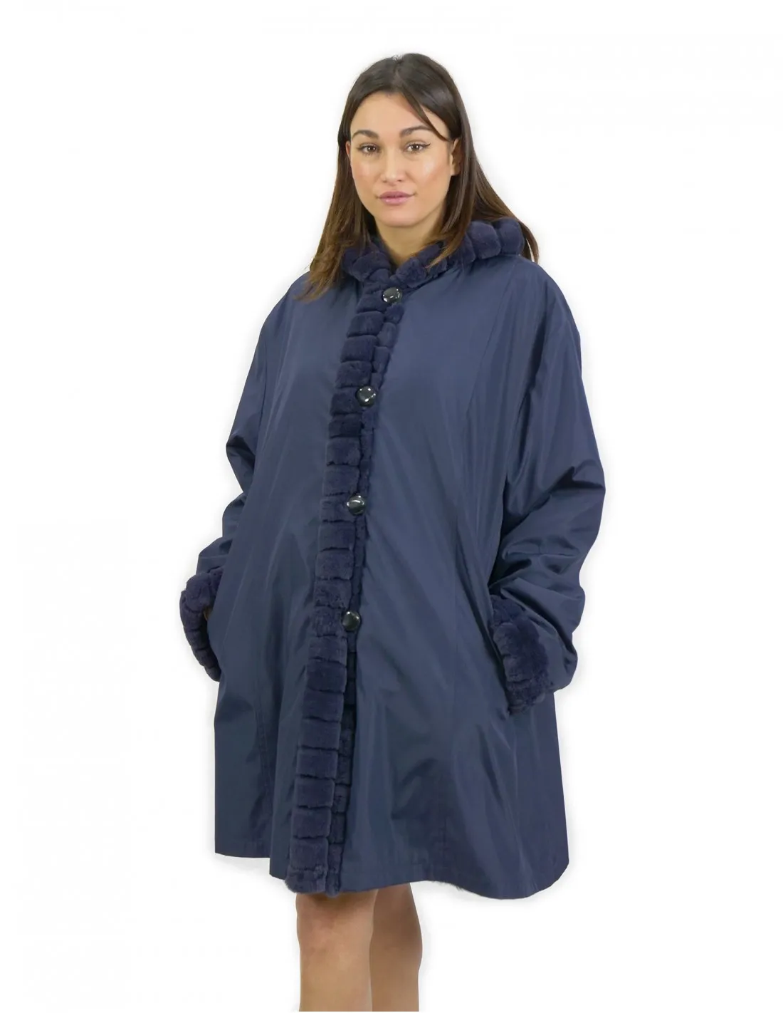 52 Pelliccia Rex cappotto reversibile lato piumino e lato pelliccia colore blu con cappuccio 