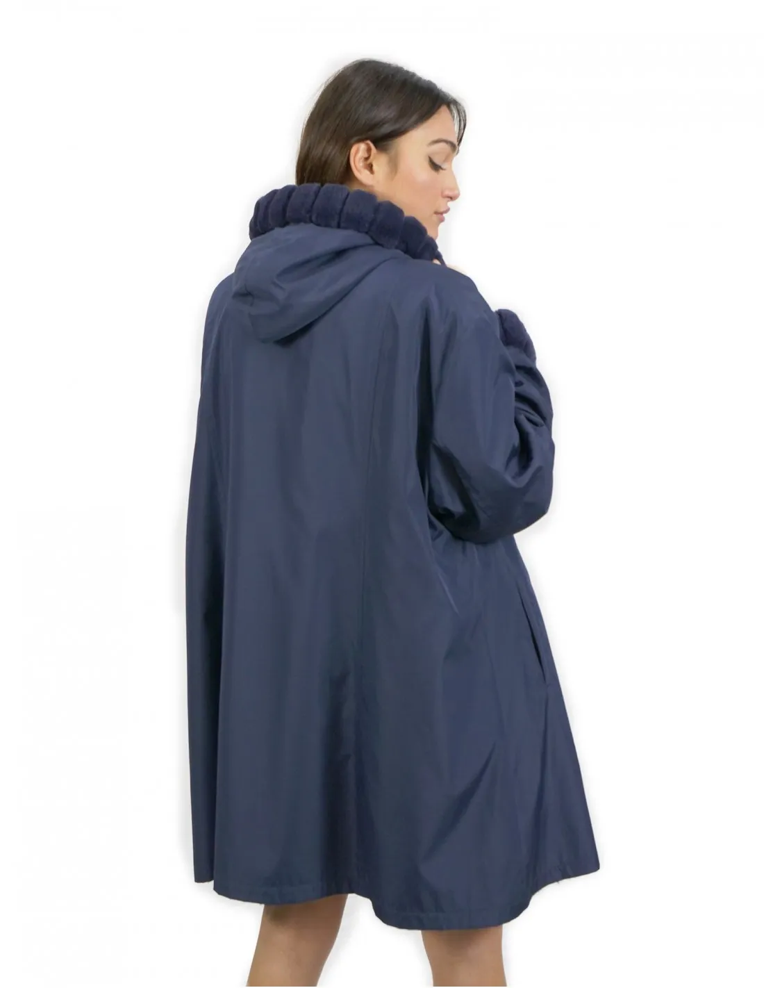 52 Pelliccia Rex cappotto reversibile lato piumino e lato pelliccia colore blu con cappuccio 