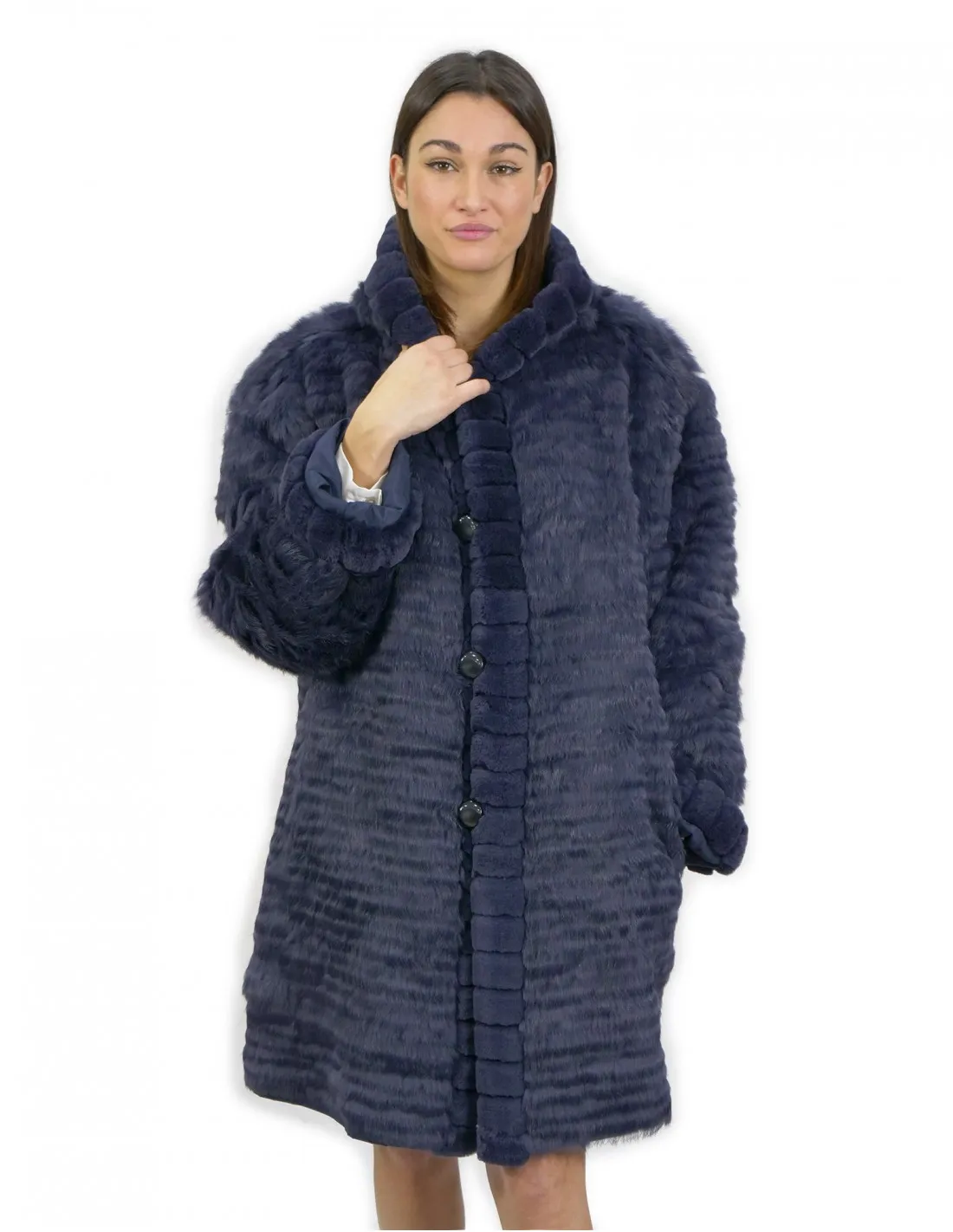 52 Pelliccia Rex cappotto reversibile lato piumino e lato pelliccia colore blu con cappuccio 