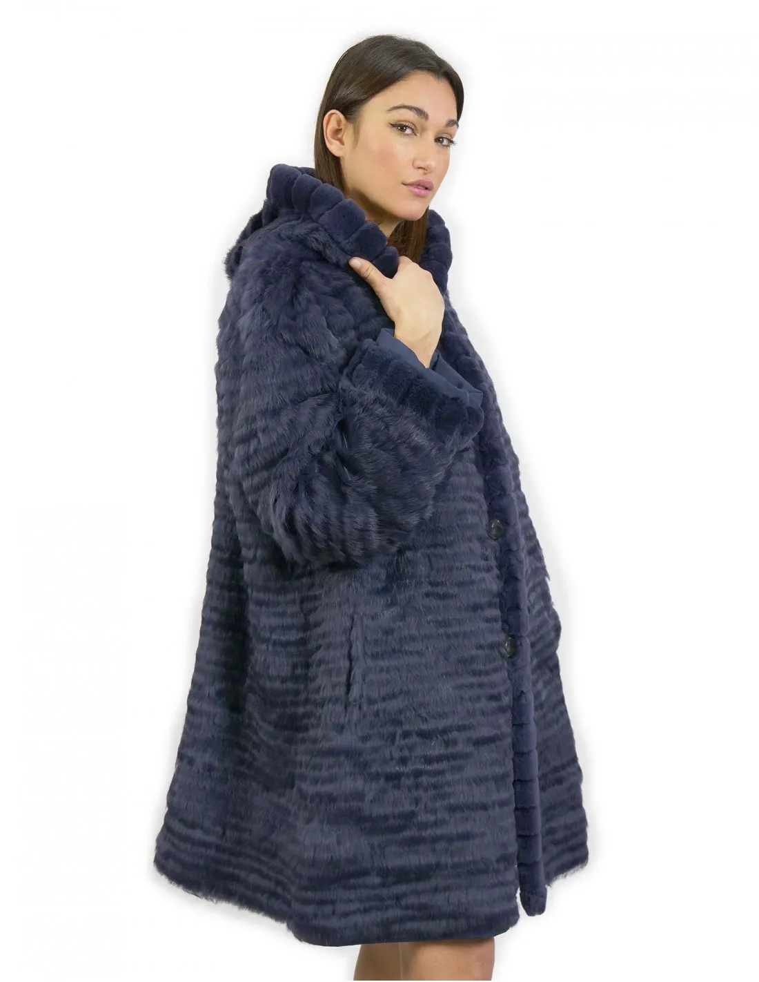 52 Pelliccia Rex cappotto reversibile lato piumino e lato pelliccia colore blu con cappuccio 