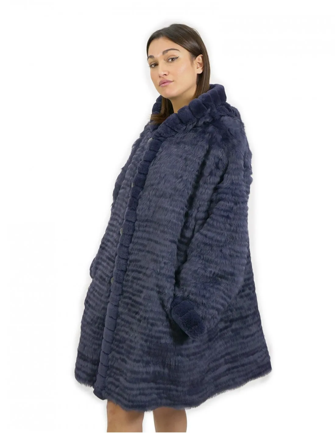 52 Pelliccia Rex cappotto reversibile lato piumino e lato pelliccia colore blu con cappuccio 