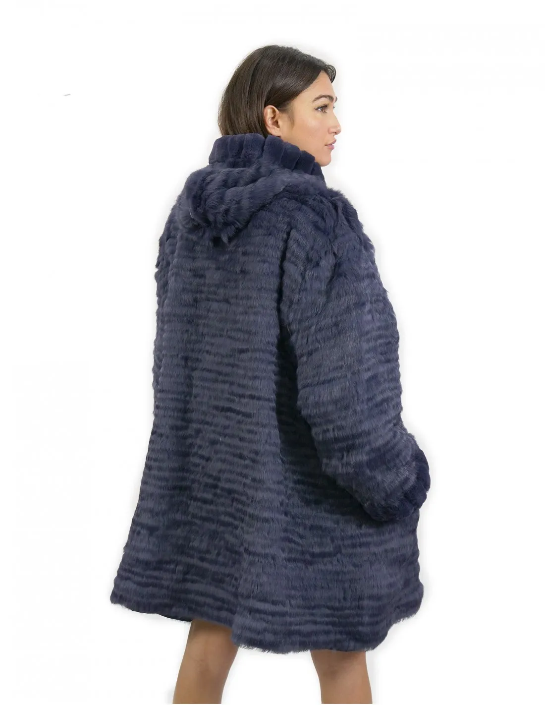 52 Pelliccia Rex cappotto reversibile lato piumino e lato pelliccia colore blu con cappuccio 