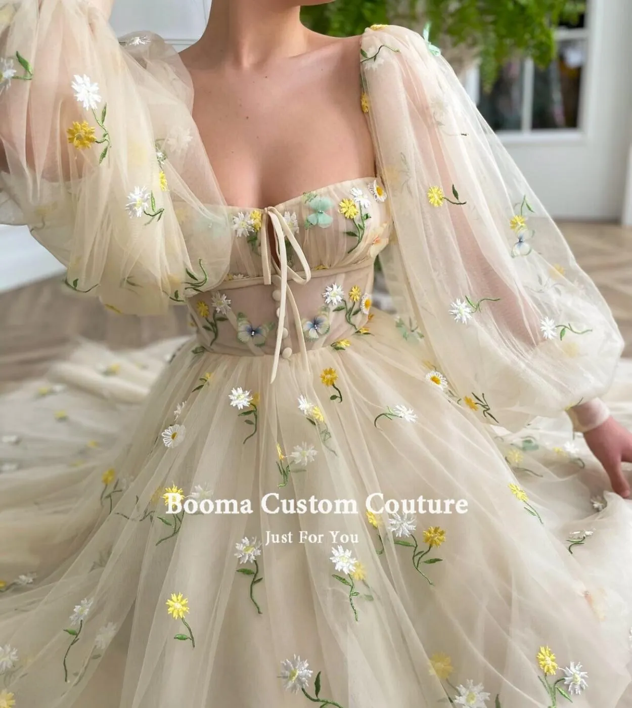 Booma Beige Square Neck Prom Dresses Long Puff Sleeves Embroidery Tulle Prom Gowns Aline Anklelength Wedding Party Dress