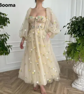 Booma Beige Square Neck Prom Dresses Long Puff Sleeves Embroidery Tulle Prom Gowns Aline Anklelength Wedding Party Dress