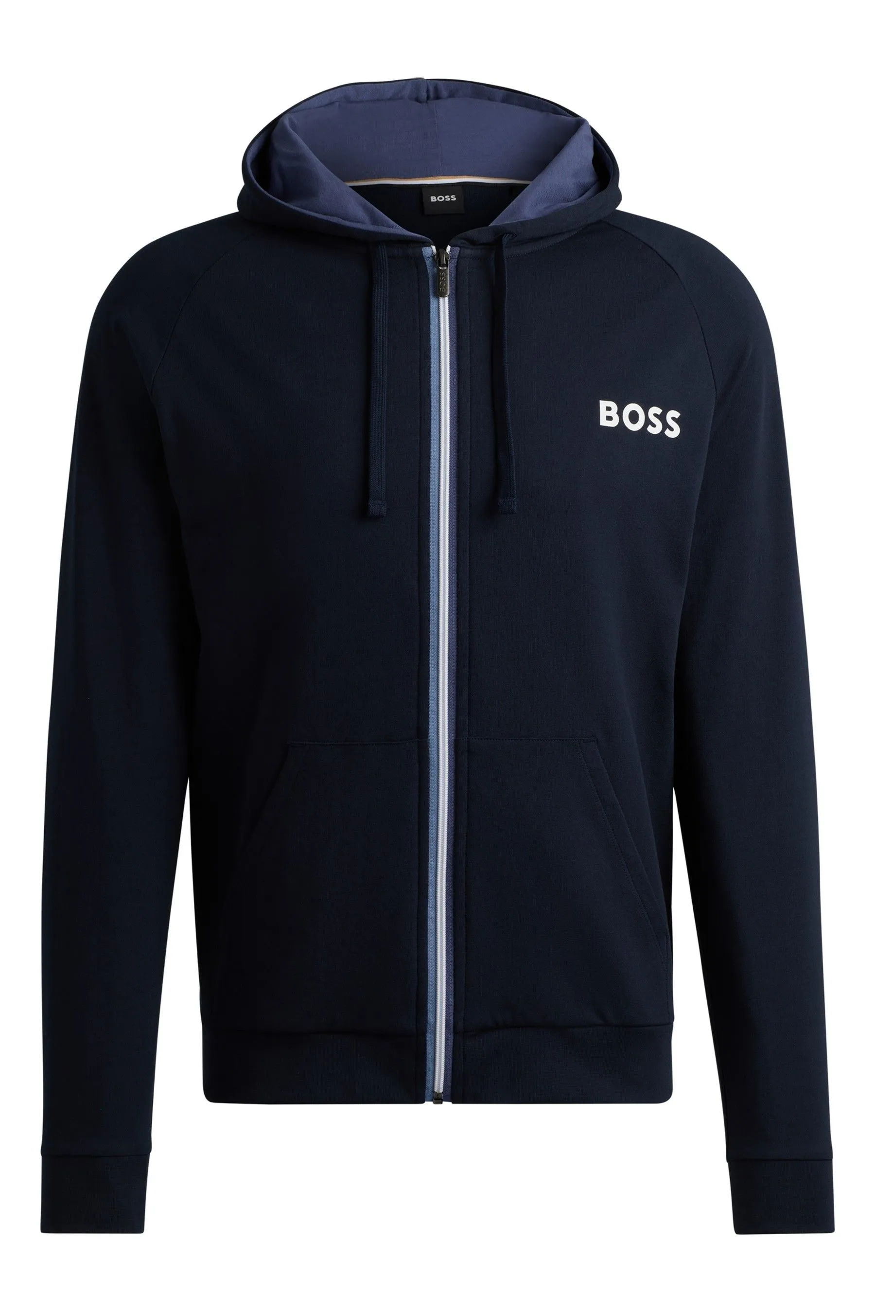 BOSS - Felpa con cappuccio, zip e logo in spugna di cotone