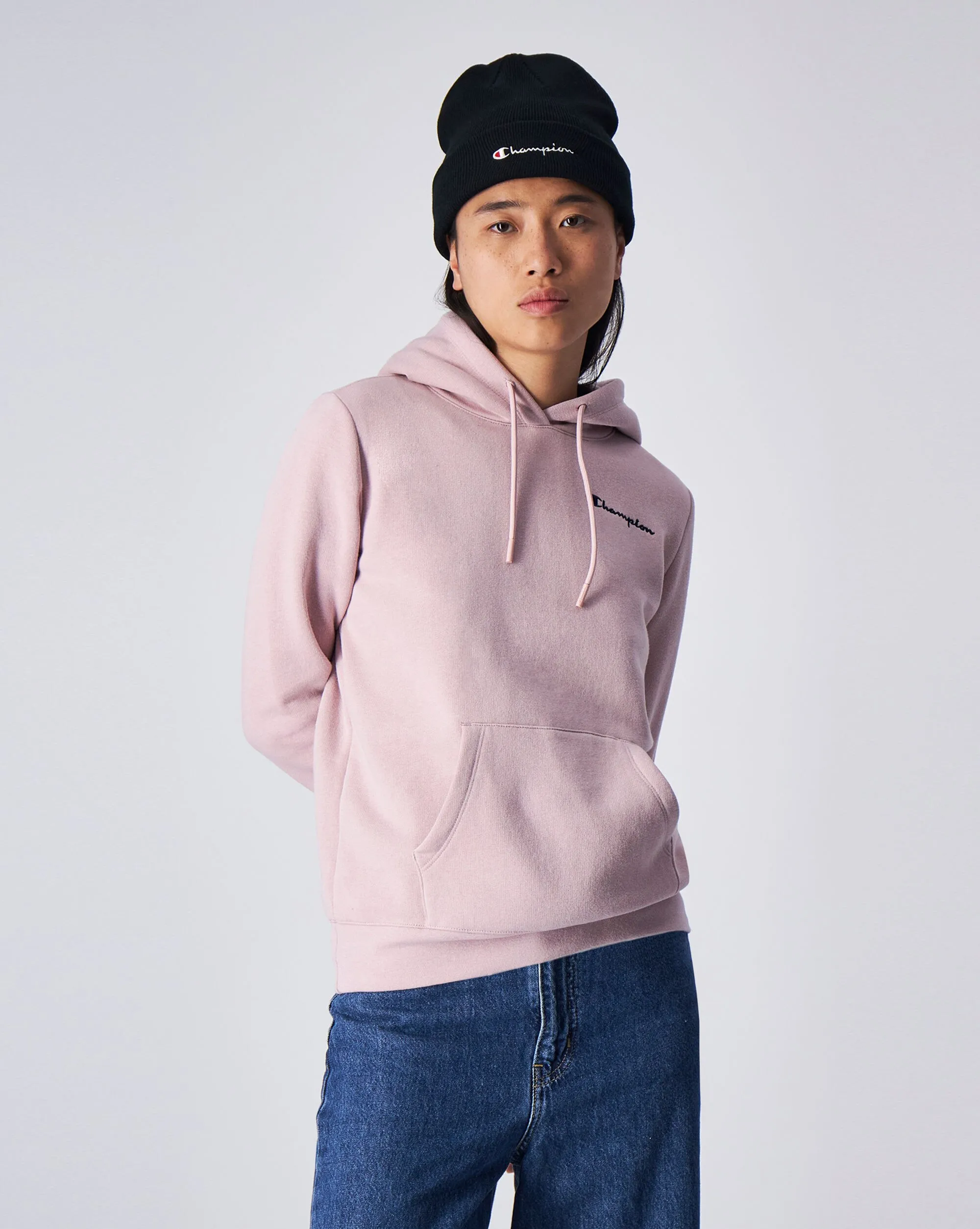 Champion Felpa Con Cappuccio in Fleece Misto Cotone Mini Logo Rosa Donna