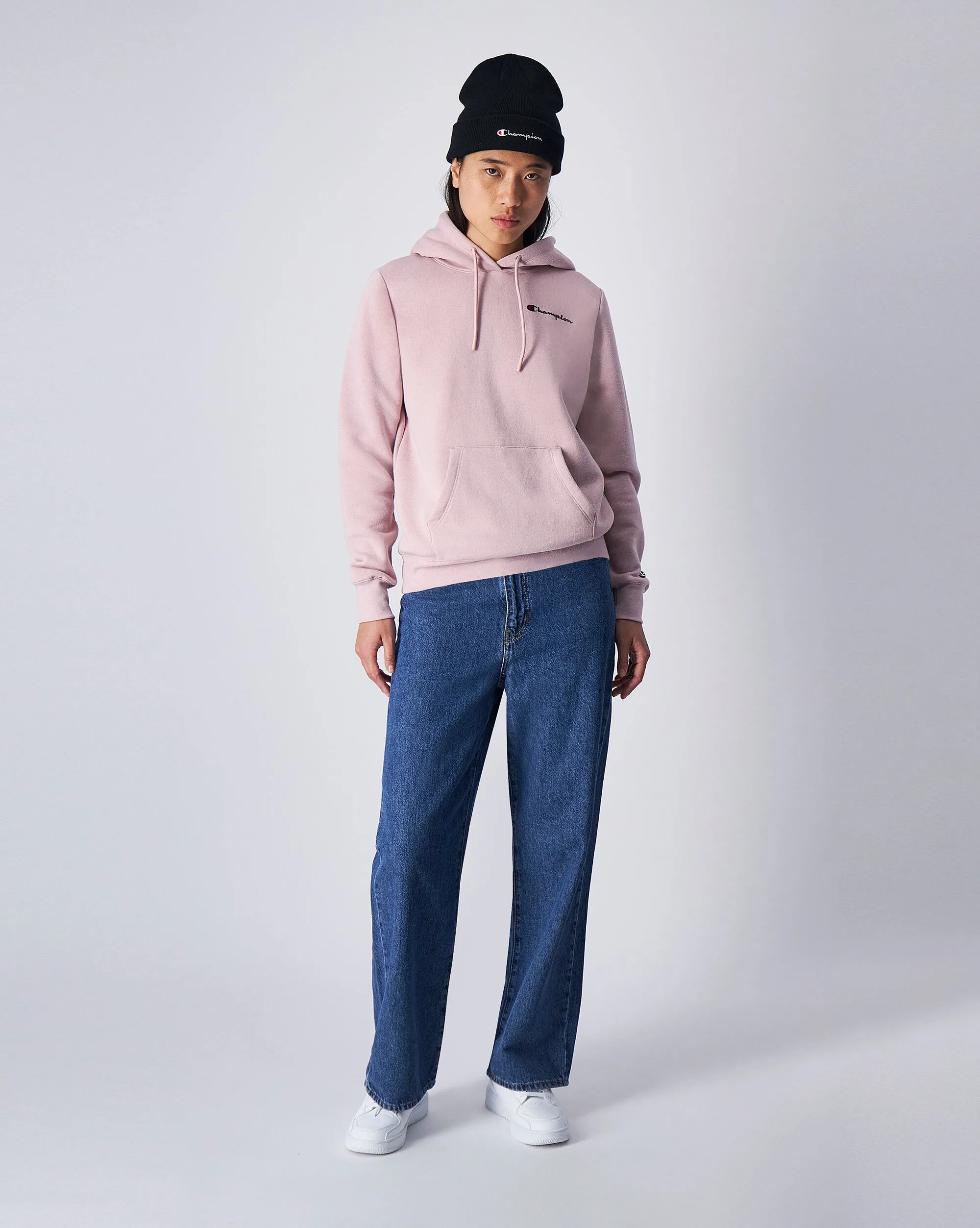 Champion Felpa Con Cappuccio in Fleece Misto Cotone Mini Logo Rosa Donna