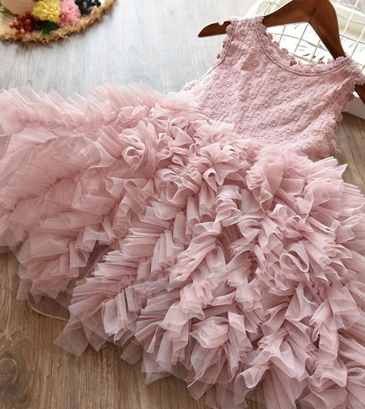 Cute Girl Pink Flower Bow Dress For Birthday Kid Summer New Sleeveless Tulle Clothes Toddler Girl Wedding Party Princess