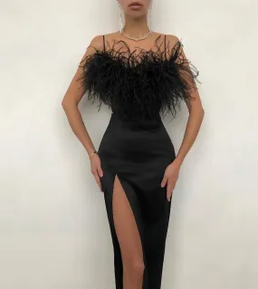 Fashion Sling Feather Dress Womens Slim Party Party Evening Dress 2023 Summer New Ladies Design elegante di media lunghezza