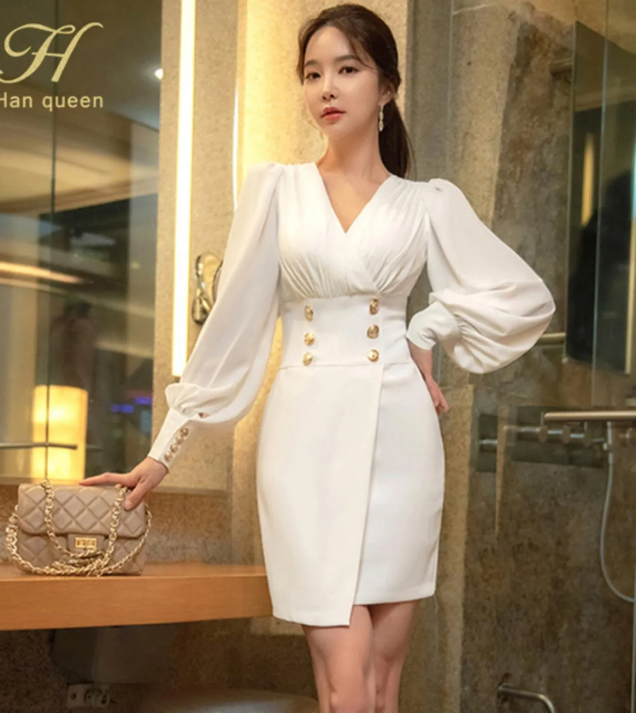 H Han Queen Women Autumn Pencil Dress Office Lady Lantern Sleeve Doppiopetto Elegante Ol Simple Evening Party Mini Dr