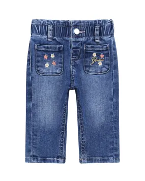 Jeans in cotone stretch a lavaggio medio stone washed con ricamo a fiori 9-24 mesi