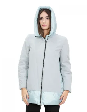 Piumino celeste 48 con stoffa sul davanti e sulle maniche lunghe cappuccio zip 