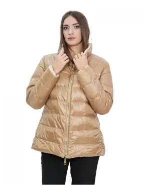 Piumino in vera piuma reversibile 46 marrone e beige collo pistagna manica lunga tasca invisibile 