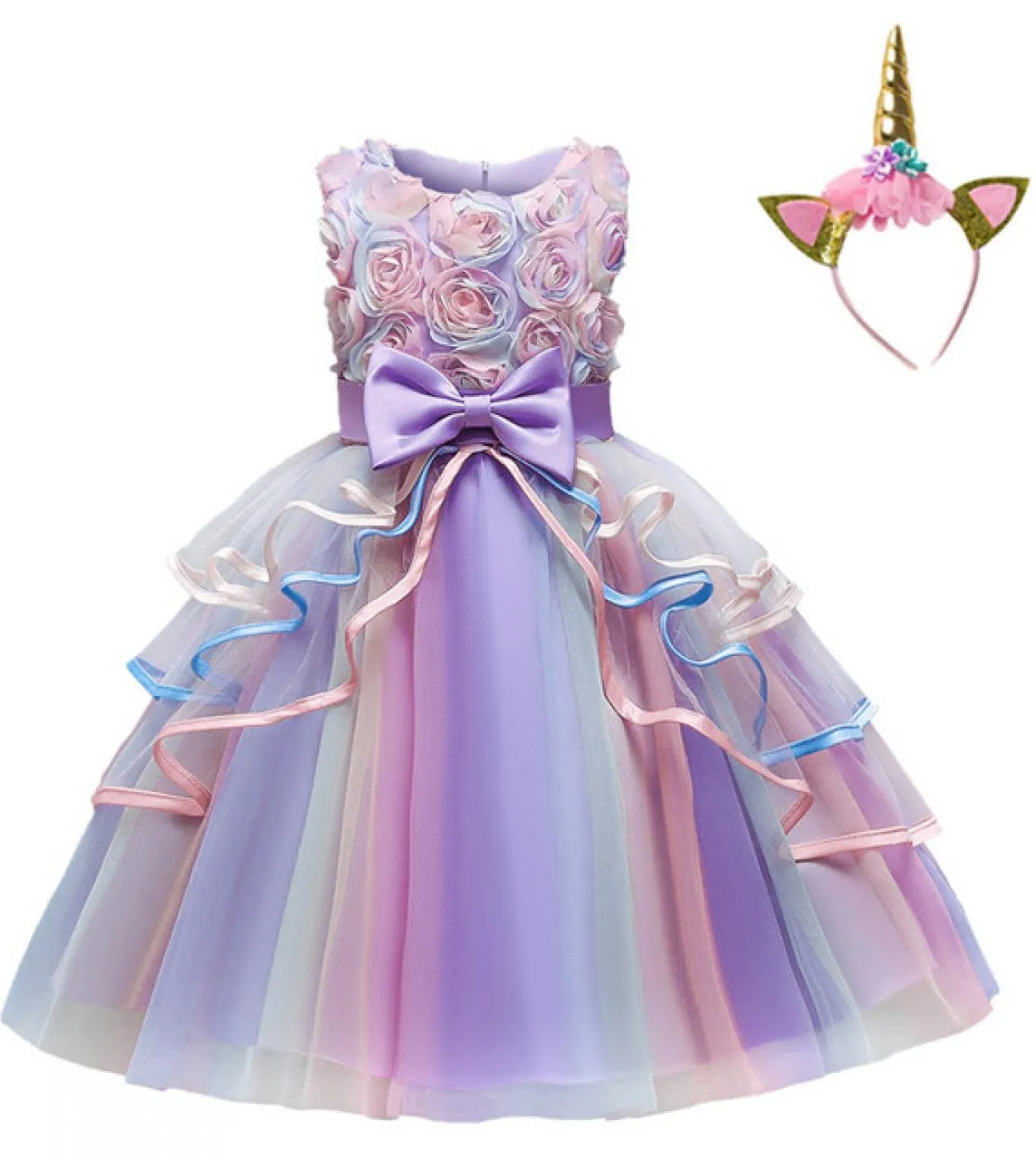 Ragazze Unicorn Pink Dress Girl Rainbow Abiti a strati per la festa di compleanno Flower Girl Bow Ball Gown Kid Fluffy Clothes F