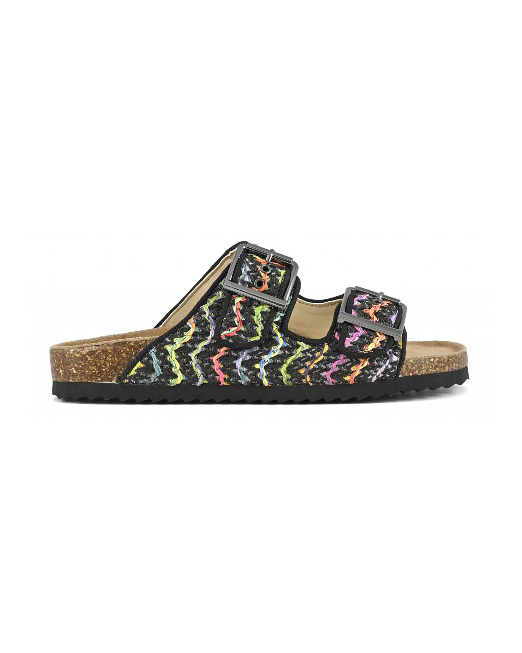 Sandali neri in raffia intrecciata multicolore a doppia fascetta