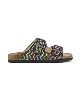 Sandali neri in raffia intrecciata multicolore a doppia fascetta