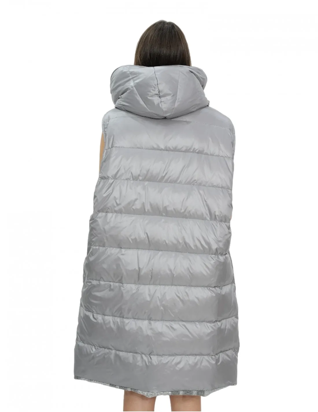 Smanicato gilet reversibile 48 grigio fantasia a quadri da un lato e l'altro piumino con cappuccio e zip 