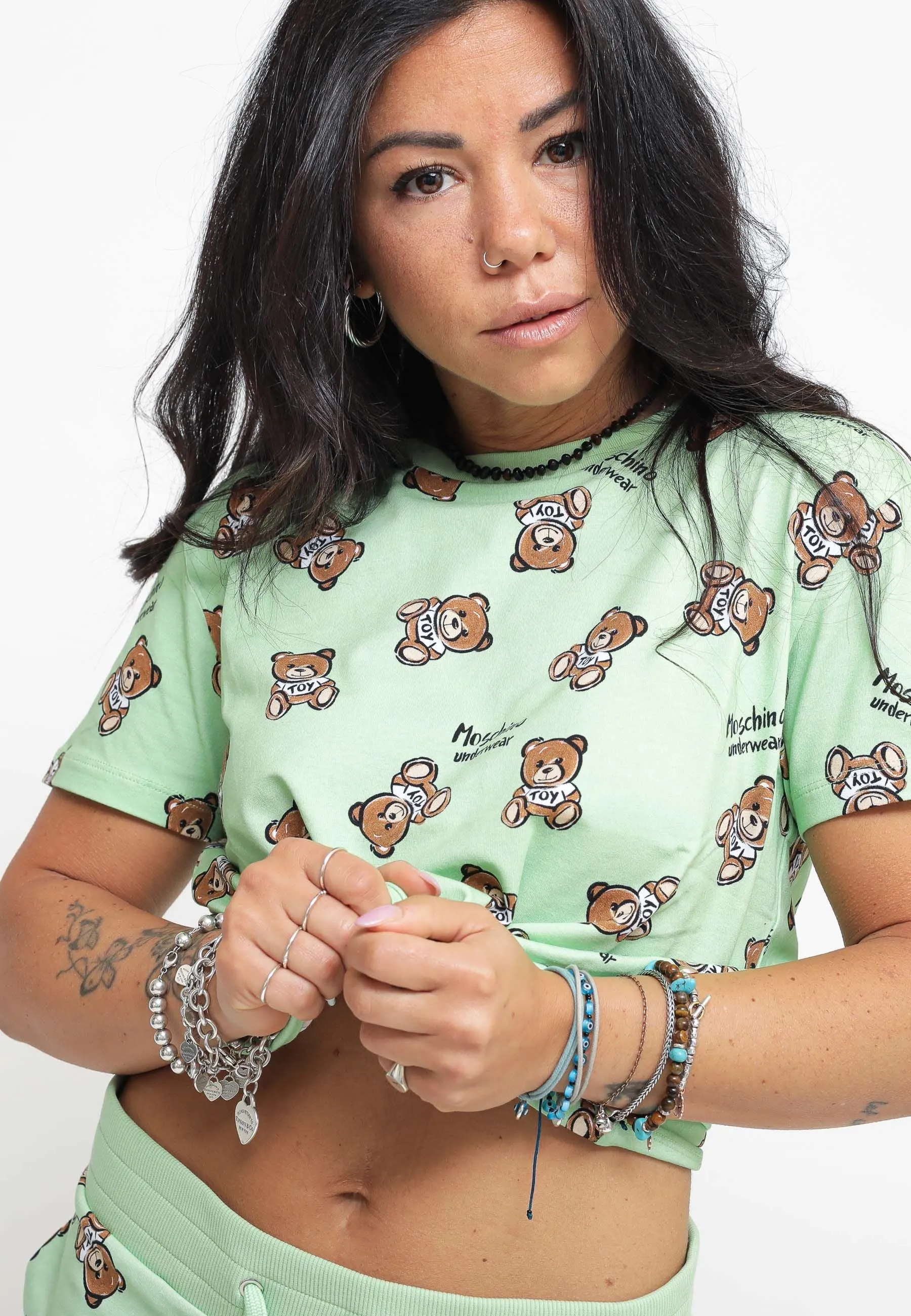 Teddy Bear Print Stretch Jersey T-Shirt - Green