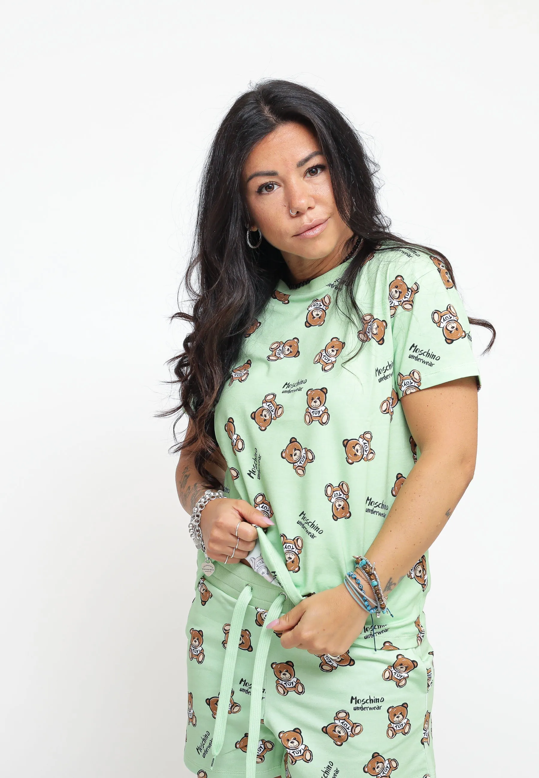 Teddy Bear Print Stretch Jersey T-Shirt - Green